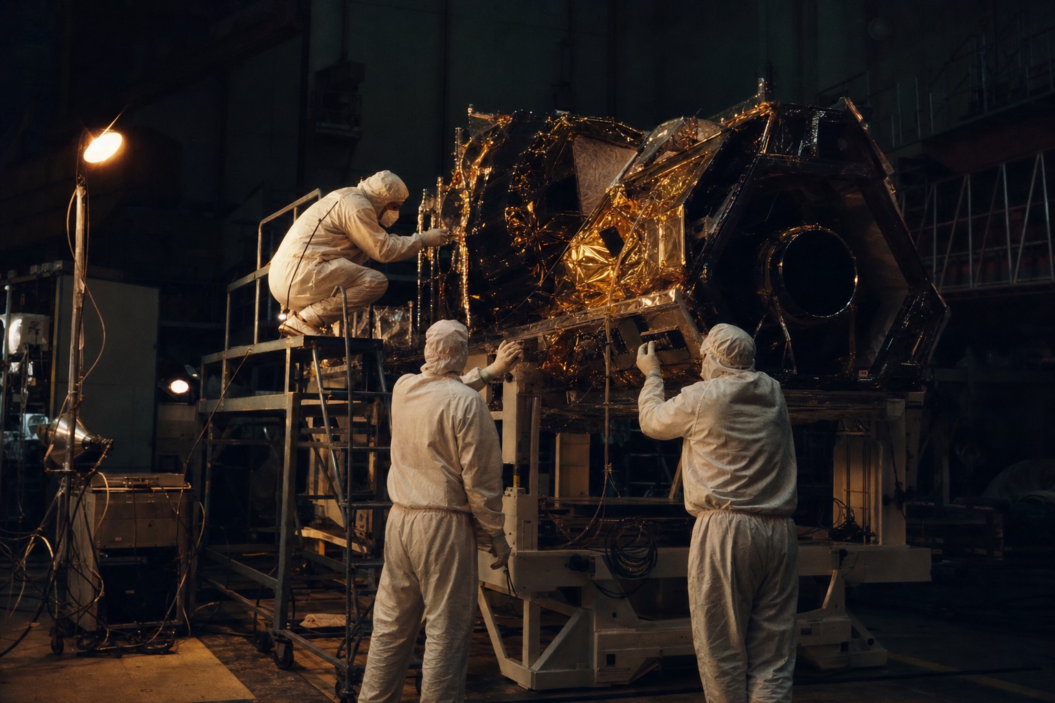 Engineers in clean-room suits working on a large foil-wrapped instrument under warm work lamps