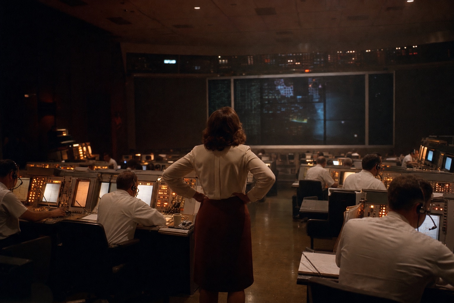 Rows of amber consoles in a dark flight operations room, a flight director standing between them