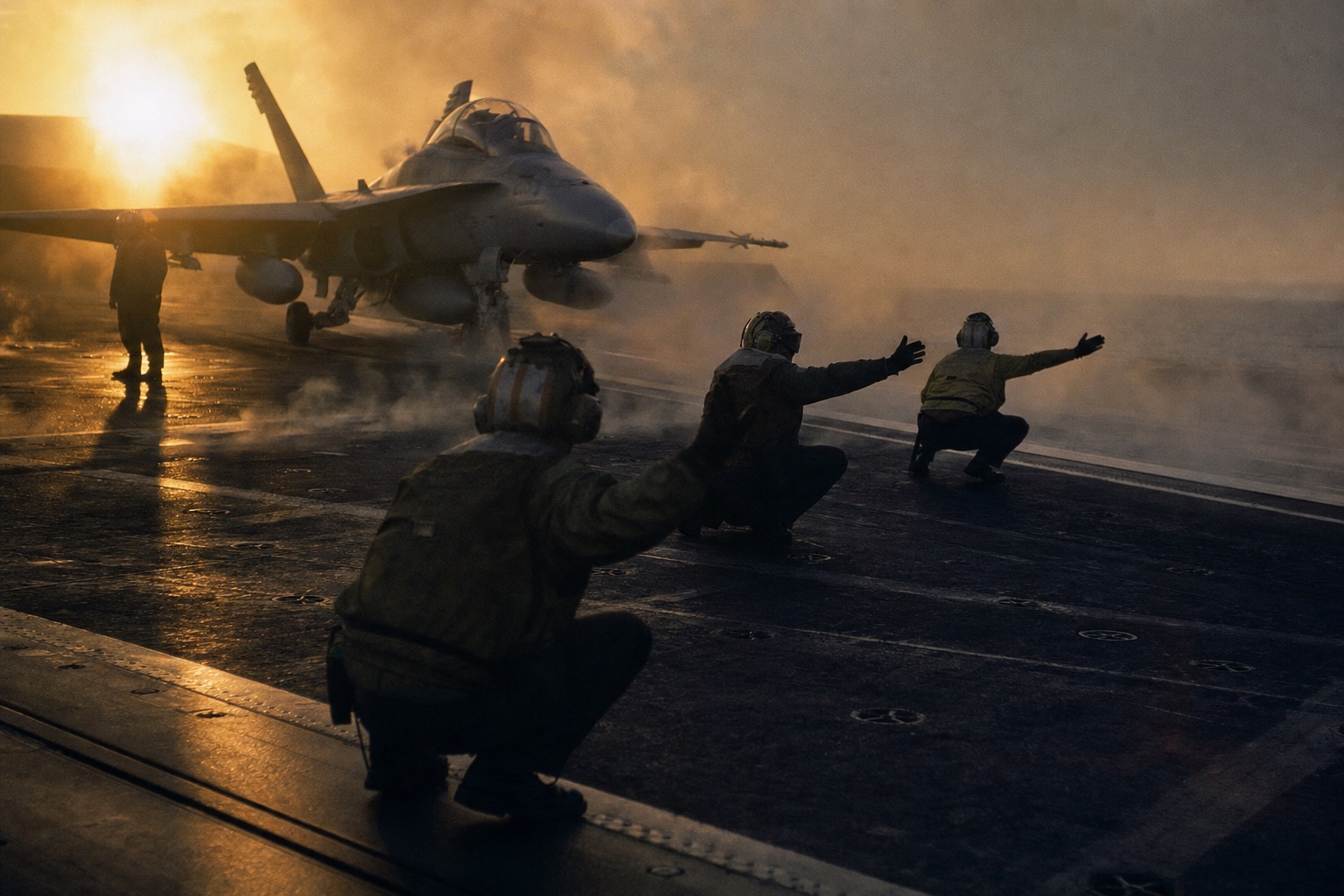 Deck crew guiding a jet through drifting steam on a carrier deck at first light