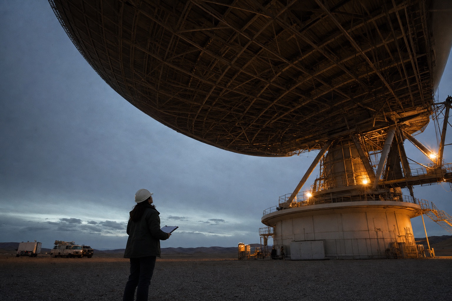 A lone engineer standing beneath the vast dish of a radio telescope at dusk
