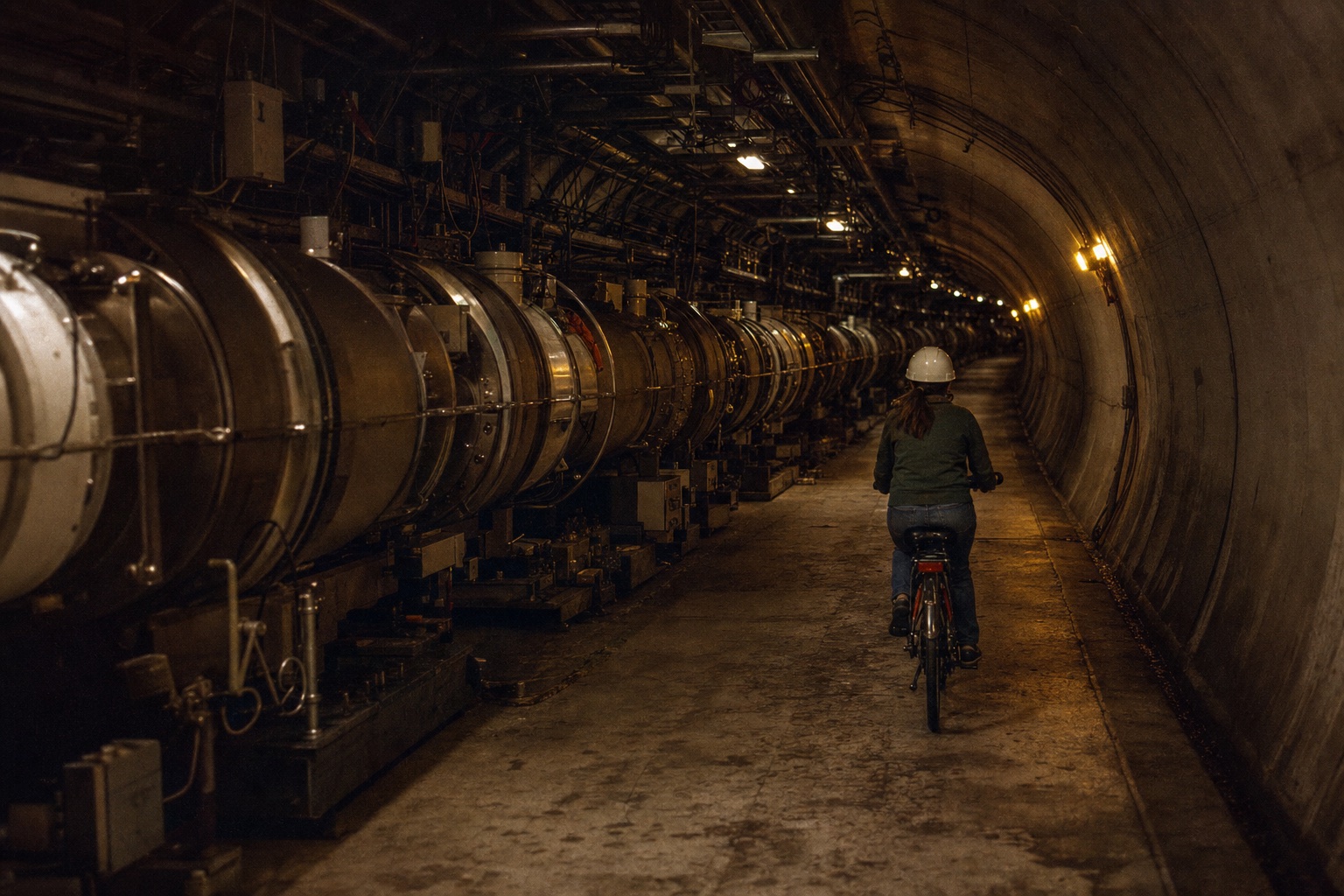An engineer cycling through a circular accelerator tunnel lined with machinery under warm service lights